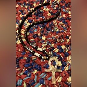 Handmade gold resin ankh wood bead necklace